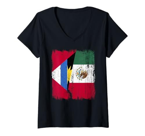 Damen Antigua und Barbuda Mexiko Halbflagge T-Shirt mit V-Ausschnitt Damen Antigua und Barbuda Mexiko Halbflagge T-Shirt mit V-Ausschnitt von Mexico Flag Designs Proud Mexican Roots