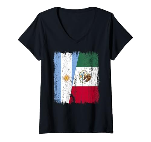 Damen Argentinien, Mexiko, halbe Flagge, argentinisches mexikanisches Erbe T-Shirt mit V-Ausschnitt Damen Argentinien, Mexiko, halbe Flagge, argentinisches mexikanisches Erbe T-Shirt mit V-Ausschnitt von Mexico Flag Designs Proud Mexican Roots