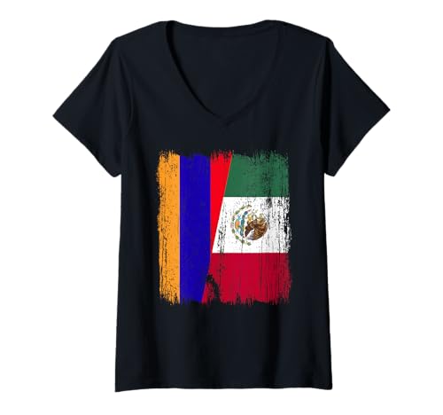 Damen Armenien, Mexiko, halbe Flagge, armenisches mexikanisches Erbe T-Shirt mit V-Ausschnitt Damen Armenien, Mexiko, halbe Flagge, armenisches mexikanisches Erbe T-Shirt mit V-Ausschnitt von Mexico Flag Designs Proud Mexican Roots