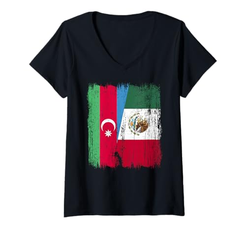 Damen Aserbaidschan Mexiko Halbflagge Aseri Mexikanisches Erbe T-Shirt mit V-Ausschnitt Damen Aserbaidschan Mexiko Halbflagge Aseri Mexikanisches Erbe T-Shirt mit V-Ausschnitt von Mexico Flag Designs Proud Mexican Roots