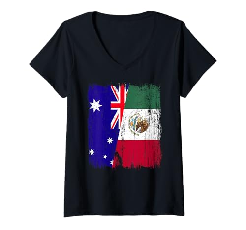Damen Australien, Mexiko, halbe Flagge, australisches mexikanisches Erbe T-Shirt mit V-Ausschnitt Damen Australien, Mexiko, halbe Flagge, australisches mexikanisches Erbe T-Shirt mit V-Ausschnitt von Mexico Flag Designs Proud Mexican Roots