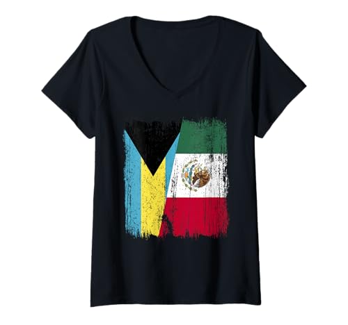 Damen Bahamas Mexiko, halbe Flagge, bahamisches mexikanisches Erbe T-Shirt mit V-Ausschnitt Damen Bahamas Mexiko, halbe Flagge, bahamisches mexikanisches Erbe T-Shirt mit V-Ausschnitt von Mexico Flag Designs Proud Mexican Roots