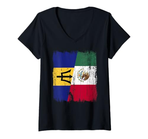 Damen Barbados Mexiko, halbe Flagge, Bajan, mexikanisches Erbe T-Shirt mit V-Ausschnitt Damen Barbados Mexiko, halbe Flagge, Bajan, mexikanisches Erbe T-Shirt mit V-Ausschnitt von Mexico Flag Designs Proud Mexican Roots