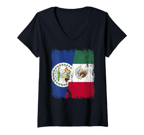 Damen Belize Mexiko Halbflagge Belizean Mexican Heritage T-Shirt mit V-Ausschnitt Damen Belize Mexiko Halbflagge Belizean Mexican Heritage T-Shirt mit V-Ausschnitt von Mexico Flag Designs Proud Mexican Roots