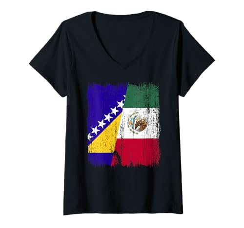 Damen Bosnien und Herzegowina Mexiko Halbflagge T-Shirt mit V-Ausschnitt Damen Bosnien und Herzegowina Mexiko Halbflagge T-Shirt mit V-Ausschnitt von Mexico Flag Designs Proud Mexican Roots