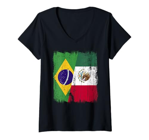 Damen Brasilien Mexiko Halbflagge Brasilien Mexikanisches Erbe T-Shirt mit V-Ausschnitt von Mexico Flag Designs Proud Mexican Roots