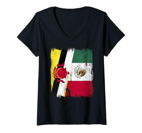 Damen Brunei Mexiko Halbflagge Bruneian Mexikanisches Erbe T-Shirt mit V-Ausschnitt Damen Brunei Mexiko Halbflagge Bruneian Mexikanisches Erbe T-Shirt mit V-Ausschnitt von Mexico Flag Designs Proud Mexican Roots