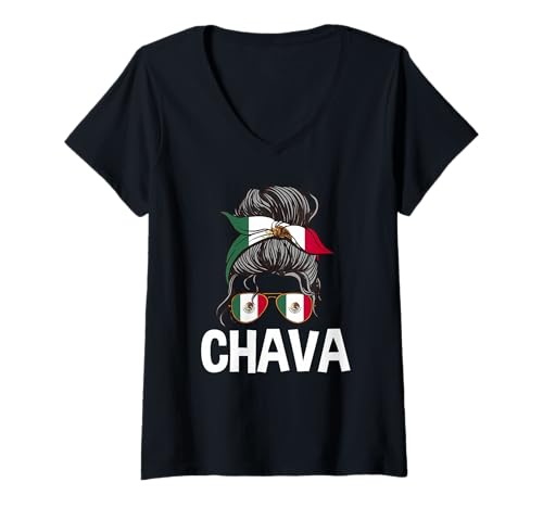 Damen Chava Mexikanisches Mädchen Unordentlicher Haarbrötchen Mexico Pride Latina T-Shirt mit V-Ausschnitt Damen Chava Mexikanisches Mädchen Unordentlicher Haarbrötchen Mexico Pride Latina T-Shirt mit V-Ausschnitt von Mexico Flag Designs Proud Mexican Roots