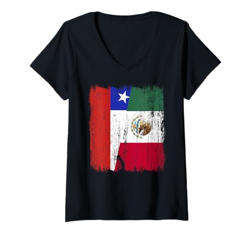 Damen Chile Mexiko, halbe Flagge, chilenisches mexikanisches Erbe T-Shirt mit V-Ausschnitt Damen Chile Mexiko, halbe Flagge, chilenisches mexikanisches Erbe T-Shirt mit V-Ausschnitt von Mexico Flag Designs Proud Mexican Roots