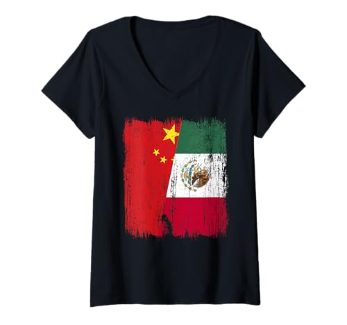 Damen China Mexiko Halbflagge Chinesisches mexikanisches Erbe T-Shirt mit V-Ausschnitt Damen China Mexiko Halbflagge Chinesisches mexikanisches Erbe T-Shirt mit V-Ausschnitt von Mexico Flag Designs Proud Mexican Roots