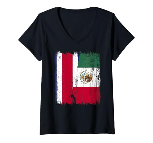 Damen Costa Rica Mexiko Halbflagge Costa Rican Mexican Heritage T-Shirt mit V-Ausschnitt Damen Costa Rica Mexiko Halbflagge Costa Rican Mexican Heritage T-Shirt mit V-Ausschnitt von Mexico Flag Designs Proud Mexican Roots