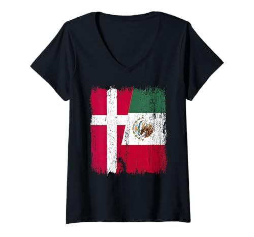 Damen Dänemark Mexiko Halbflagge Dänisches mexikanisches Erbe T-Shirt mit V-Ausschnitt Damen Dänemark Mexiko Halbflagge Dänisches mexikanisches Erbe T-Shirt mit V-Ausschnitt von Mexico Flag Designs Proud Mexican Roots