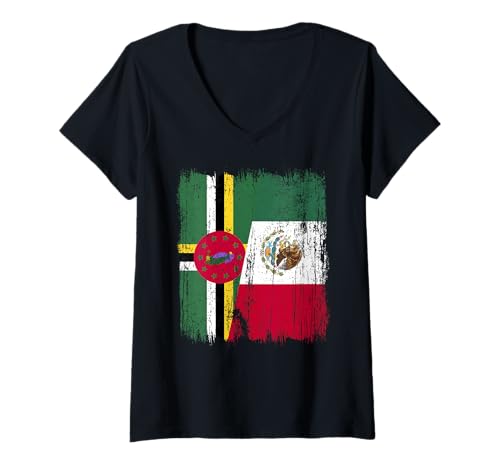 Damen Dominica Mexiko, halbe Flagge, dominikanisches mexikanisches Erbe T-Shirt mit V-Ausschnitt Damen Dominica Mexiko, halbe Flagge, dominikanisches mexikanisches Erbe T-Shirt mit V-Ausschnitt von Mexico Flag Designs Proud Mexican Roots
