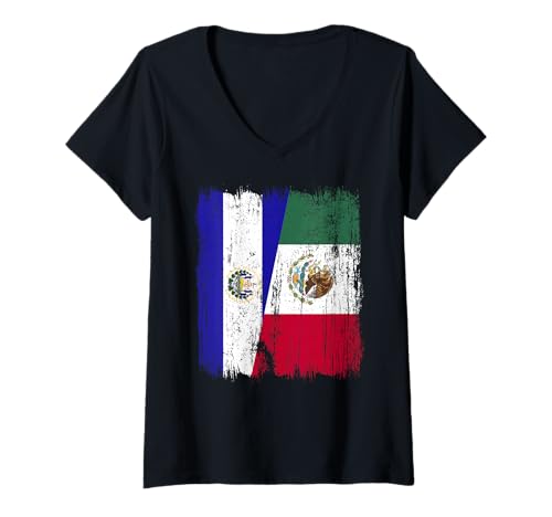 Damen EL Salvador Mexiko halbe Flagge Salvadorianisches mexikanisches Erbe T-Shirt mit V-Ausschnitt Damen EL Salvador Mexiko halbe Flagge Salvadorianisches mexikanisches Erbe T-Shirt mit V-Ausschnitt von Mexico Flag Designs Proud Mexican Roots