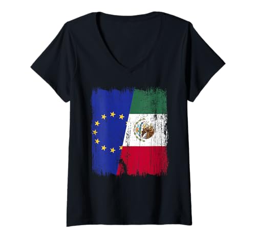 Damen Europäische Union Mexiko Halbflagge Europa Mexikanisches Erbe T-Shirt mit V-Ausschnitt Damen Europäische Union Mexiko Halbflagge Europa Mexikanisches Erbe T-Shirt mit V-Ausschnitt von Mexico Flag Designs Proud Mexican Roots