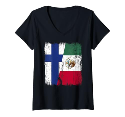 Damen Finnland Mexiko Halbflagge finnisches mexikanisches Erbe T-Shirt mit V-Ausschnitt Damen Finnland Mexiko Halbflagge finnisches mexikanisches Erbe T-Shirt mit V-Ausschnitt von Mexico Flag Designs Proud Mexican Roots