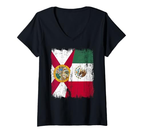 Damen Florida Mexiko, halbe Flagge, Floridian, mexikanisches Erbe T-Shirt mit V-Ausschnitt Damen Florida Mexiko, halbe Flagge, Floridian, mexikanisches Erbe T-Shirt mit V-Ausschnitt von Mexico Flag Designs Proud Mexican Roots