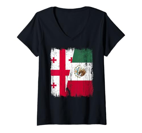 Damen Georgien Mexiko Halbflagge Georgisches mexikanisches Erbe T-Shirt mit V-Ausschnitt Damen Georgien Mexiko Halbflagge Georgisches mexikanisches Erbe T-Shirt mit V-Ausschnitt von Mexico Flag Designs Proud Mexican Roots