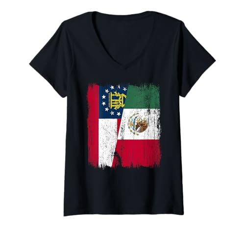 Damen Georgien Mexiko Halbflagge Georgisches mexikanisches Erbe T-Shirt mit V-Ausschnitt Damen Georgien Mexiko Halbflagge Georgisches mexikanisches Erbe T-Shirt mit V-Ausschnitt von Mexico Flag Designs Proud Mexican Roots