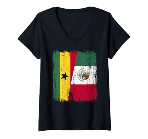 Damen Ghana Mexiko Halbflagge Ghanaisches mexikanisches Erbe T-Shirt mit V-Ausschnitt Damen Ghana Mexiko Halbflagge Ghanaisches mexikanisches Erbe T-Shirt mit V-Ausschnitt von Mexico Flag Designs Proud Mexican Roots