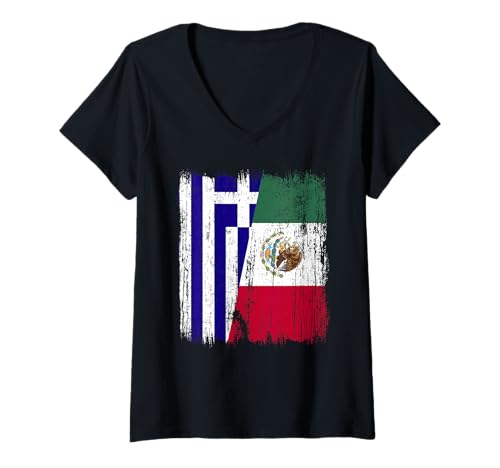Damen Griechenland Mexiko Halbflagge Griechisches mexikanisches Erbe T-Shirt mit V-Ausschnitt Damen Griechenland Mexiko Halbflagge Griechisches mexikanisches Erbe T-Shirt mit V-Ausschnitt von Mexico Flag Designs Proud Mexican Roots