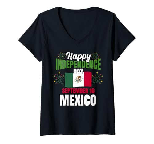 Damen Happy Independence Day Mexiko 16. September T-Shirt mit V-Ausschnitt Damen Happy Independence Day Mexiko 16. September T-Shirt mit V-Ausschnitt von Mexico Flag Designs Proud Mexican Roots
