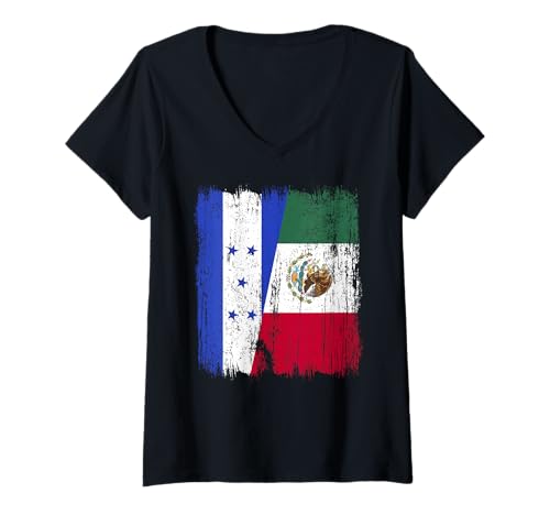 Damen Honduras Mexiko Halbflagge Honduranisches mexikanisches Erbe T-Shirt mit V-Ausschnitt Damen Honduras Mexiko Halbflagge Honduranisches mexikanisches Erbe T-Shirt mit V-Ausschnitt von Mexico Flag Designs Proud Mexican Roots