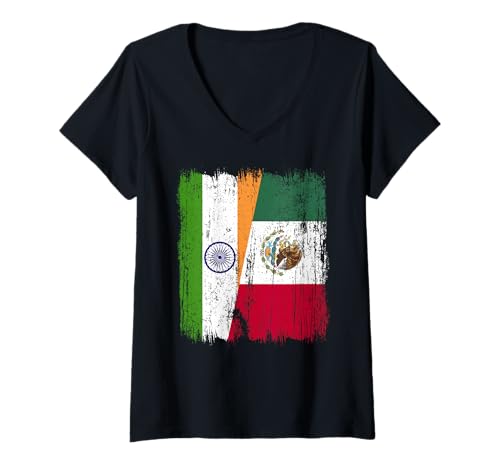 Damen Indien, Mexiko, halbe Flagge, indisches mexikanisches Er T-Shirt mit V-Ausschnitt Damen Indien, Mexiko, halbe Flagge, indisches mexikanisches Er T-Shirt mit V-Ausschnitt von Mexico Flag Designs Proud Mexican Roots