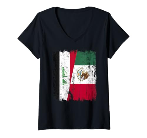 Damen Irak, Mexiko, halbe Flagge, irakisches mexikanisches Erbe T-Shirt mit V-Ausschnitt Damen Irak, Mexiko, halbe Flagge, irakisches mexikanisches Erbe T-Shirt mit V-Ausschnitt von Mexico Flag Designs Proud Mexican Roots