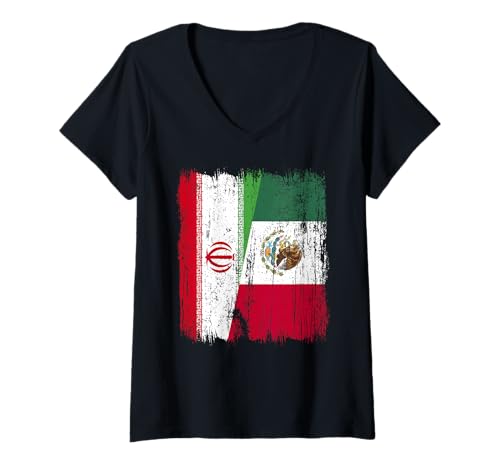 Damen Iran, Mexiko, halbe Flagge, iranisches mexikanisches Erbe T-Shirt mit V-Ausschnitt Damen Iran, Mexiko, halbe Flagge, iranisches mexikanisches Erbe T-Shirt mit V-Ausschnitt von Mexico Flag Designs Proud Mexican Roots