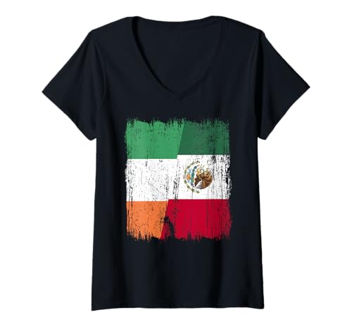Damen Irland Mexiko Halbflagge Irisches mexikanisches Erbe T-Shirt mit V-Ausschnitt Damen Irland Mexiko Halbflagge Irisches mexikanisches Erbe T-Shirt mit V-Ausschnitt von Mexico Flag Designs Proud Mexican Roots