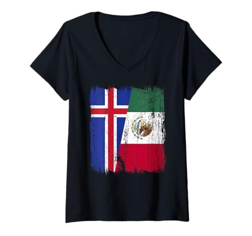 Damen Island, Mexiko, halbe Flagge, isländisches mexikanisches Erbe T-Shirt mit V-Ausschnitt Damen Island, Mexiko, halbe Flagge, isländisches mexikanisches Erbe T-Shirt mit V-Ausschnitt von Mexico Flag Designs Proud Mexican Roots