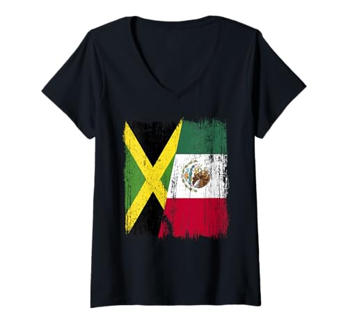 Damen Jamaika, Mexiko, halbe Flagge, jamaikanisches mexikanisches Erbe T-Shirt mit V-Ausschnitt Damen Jamaika, Mexiko, halbe Flagge, jamaikanisches mexikanisches Erbe T-Shirt mit V-Ausschnitt von Mexico Flag Designs Proud Mexican Roots