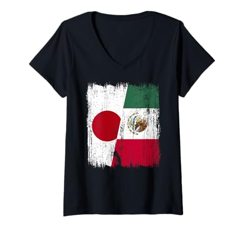 Damen Japan Mexiko Halbflagge Japanisches mexikanisches Erbe T-Shirt mit V-Ausschnitt Damen Japan Mexiko Halbflagge Japanisches mexikanisches Erbe T-Shirt mit V-Ausschnitt von Mexico Flag Designs Proud Mexican Roots