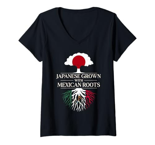 Damen Japanisch gewachsen mit mexikanischen Wurzeln, Japan Mexiko T-Shirt mit V-Ausschnitt Damen Japanisch gewachsen mit mexikanischen Wurzeln, Japan Mexiko T-Shirt mit V-Ausschnitt von Mexico Flag Designs Proud Mexican Roots