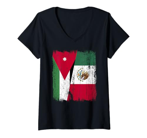 Damen Jordanien, Mexiko, halbe Flagge, jordanisches mexikanisches Erbe T-Shirt mit V-Ausschnitt Damen Jordanien, Mexiko, halbe Flagge, jordanisches mexikanisches Erbe T-Shirt mit V-Ausschnitt von Mexico Flag Designs Proud Mexican Roots