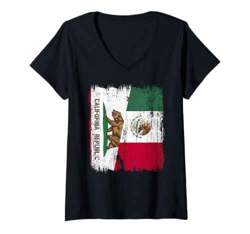 Damen Kalifornien, Mexiko, halbe Flagge, kalifornisches mexikanisches Er T-Shirt mit V-Ausschnitt Damen Kalifornien, Mexiko, halbe Flagge, kalifornisches mexikanisches Er T-Shirt mit V-Ausschnitt von Mexico Flag Designs Proud Mexican Roots