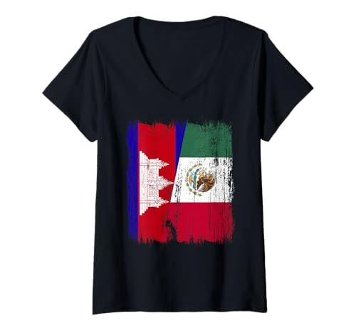 Damen Kambodscha, Mexiko, halbe Flagge, Kambodschanisches mexikanisches Erbe T-Shirt mit V-Ausschnitt Damen Kambodscha, Mexiko, halbe Flagge, Kambodschanisches mexikanisches Erbe T-Shirt mit V-Ausschnitt von Mexico Flag Designs Proud Mexican Roots