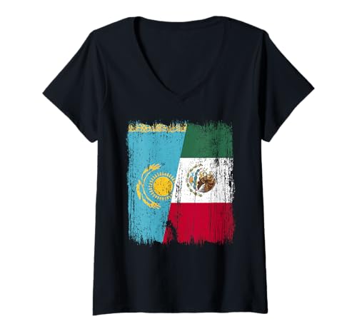 Damen Kasachstan Mexiko halbe Flagge kasachisches mexikanisches Erbe T-Shirt mit V-Ausschnitt Damen Kasachstan Mexiko halbe Flagge kasachisches mexikanisches Erbe T-Shirt mit V-Ausschnitt von Mexico Flag Designs Proud Mexican Roots