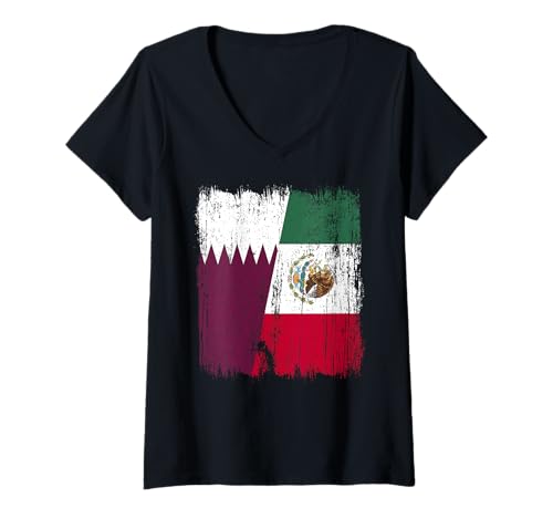Damen Katar Mexiko halbe Flagge Katar Mexikanisches Erbe T-Shirt mit V-Ausschnitt Damen Katar Mexiko halbe Flagge Katar Mexikanisches Erbe T-Shirt mit V-Ausschnitt von Mexico Flag Designs Proud Mexican Roots