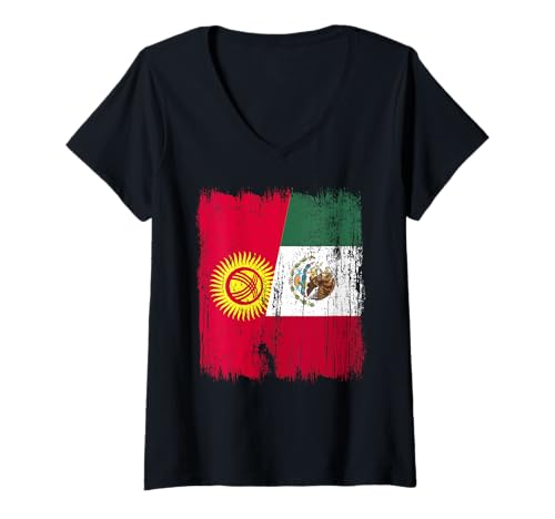 Damen Kirgisistan Mexiko Halbflagge Kirgisisches mexikanisches Erbe T-Shirt mit V-Ausschnitt Damen Kirgisistan Mexiko Halbflagge Kirgisisches mexikanisches Erbe T-Shirt mit V-Ausschnitt von Mexico Flag Designs Proud Mexican Roots