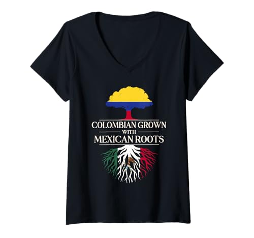 Damen Kolumbianisch gewachsen mit mexikanischen Wurzeln Kolumbien Mexiko T-Shirt mit V-Ausschnitt Damen Kolumbianisch gewachsen mit mexikanischen Wurzeln Kolumbien Mexiko T-Shirt mit V-Ausschnitt von Mexico Flag Designs Proud Mexican Roots