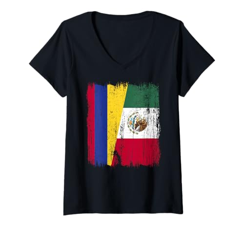 Damen Kolumbien, Mexiko, halbe Flagge, kolumbianisches mexikanisches Erbe T-Shirt mit V-Ausschnitt Damen Kolumbien, Mexiko, halbe Flagge, kolumbianisches mexikanisches Erbe T-Shirt mit V-Ausschnitt von Mexico Flag Designs Proud Mexican Roots