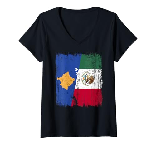 Damen Kosovo Mexiko Halbflagge Kosovar Mexikanisches Erbe T-Shirt mit V-Ausschnitt Damen Kosovo Mexiko Halbflagge Kosovar Mexikanisches Erbe T-Shirt mit V-Ausschnitt von Mexico Flag Designs Proud Mexican Roots