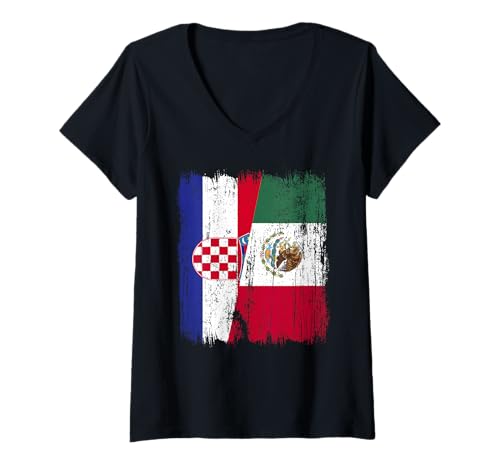 Damen Kroatien, Mexiko, halbe Flagge, kroatisches mexikanisches Erbe T-Shirt mit V-Ausschnitt Damen Kroatien, Mexiko, halbe Flagge, kroatisches mexikanisches Erbe T-Shirt mit V-Ausschnitt von Mexico Flag Designs Proud Mexican Roots