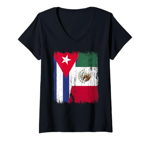 Damen Kuba Mexiko Halbflagge Kubanisches mexikanisches Erbe T-Shirt mit V-Ausschnitt Damen Kuba Mexiko Halbflagge Kubanisches mexikanisches Erbe T-Shirt mit V-Ausschnitt von Mexico Flag Designs Proud Mexican Roots