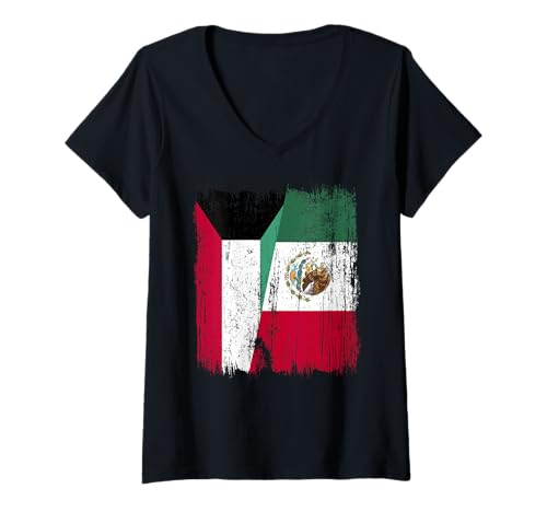 Damen Kuwait Mexiko Halbflagge Kuwaiti Mexikanisches Erbe T-Shirt mit V-Ausschnitt Damen Kuwait Mexiko Halbflagge Kuwaiti Mexikanisches Erbe T-Shirt mit V-Ausschnitt von Mexico Flag Designs Proud Mexican Roots