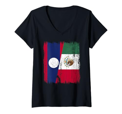 Damen Laos Mexiko Halbflagge Laotisches mexikanisches Erbe T-Shirt mit V-Ausschnitt Damen Laos Mexiko Halbflagge Laotisches mexikanisches Erbe T-Shirt mit V-Ausschnitt von Mexico Flag Designs Proud Mexican Roots
