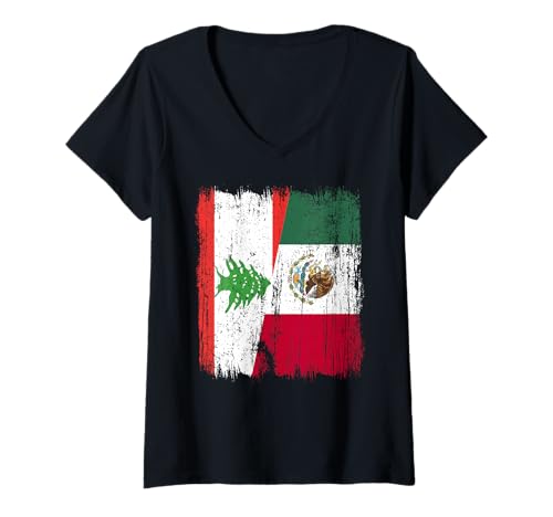 Damen Libanon Mexiko Halbflagge libanesisches mexikanisches Erbe T-Shirt mit V-Ausschnitt Damen Libanon Mexiko Halbflagge libanesisches mexikanisches Erbe T-Shirt mit V-Ausschnitt von Mexico Flag Designs Proud Mexican Roots