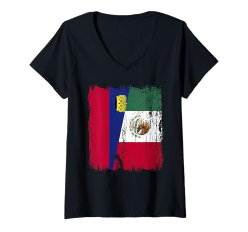Damen Liechtenstein Mexiko Halbflagge T-Shirt mit V-Ausschnitt Damen Liechtenstein Mexiko Halbflagge T-Shirt mit V-Ausschnitt von Mexico Flag Designs Proud Mexican Roots